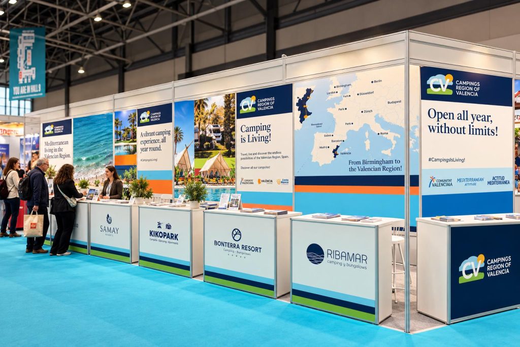 Stand de los campings de la Comunitat Valenciana en una feria de caravaning